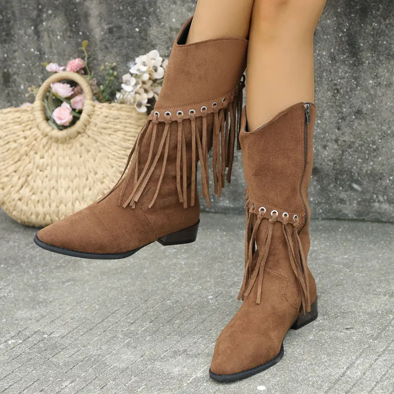 Women's Mid-Calf Retro Cowboy Boots with Tassels JahSonFire