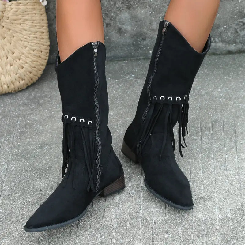 Women's Mid-Calf Retro Cowboy Boots with Tassels JahSonFire