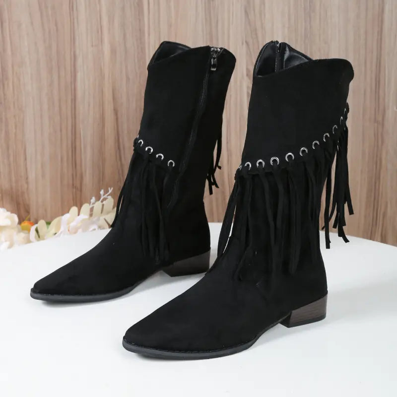 Women's Mid-Calf Retro Cowboy Boots with Tassels JahSonFire