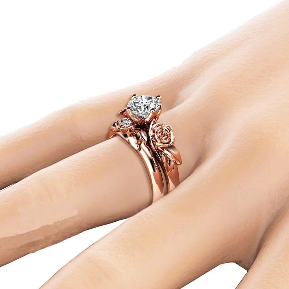 Rose Gold Couples Rings with Floral Diamond Design JahSonFire