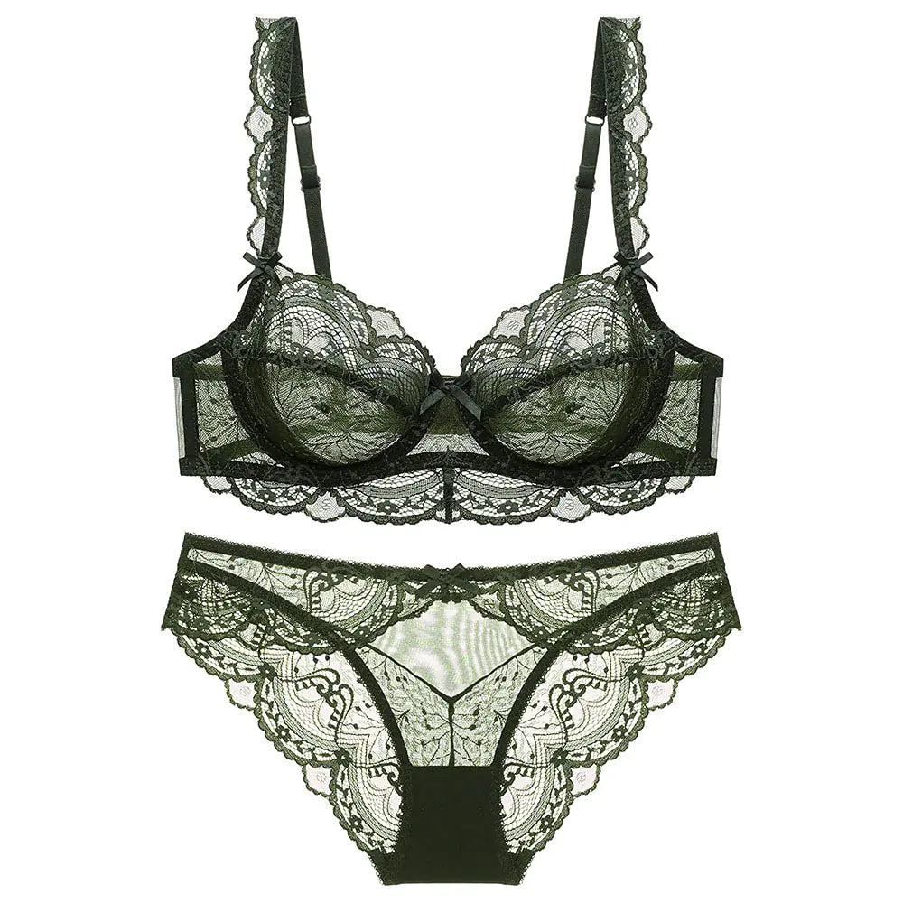 Womens Lace Bra and Panty Sets Underwired Sexy Lingerie Set Push Up Sheer Bras(Dark Green36C) JahSonFire
