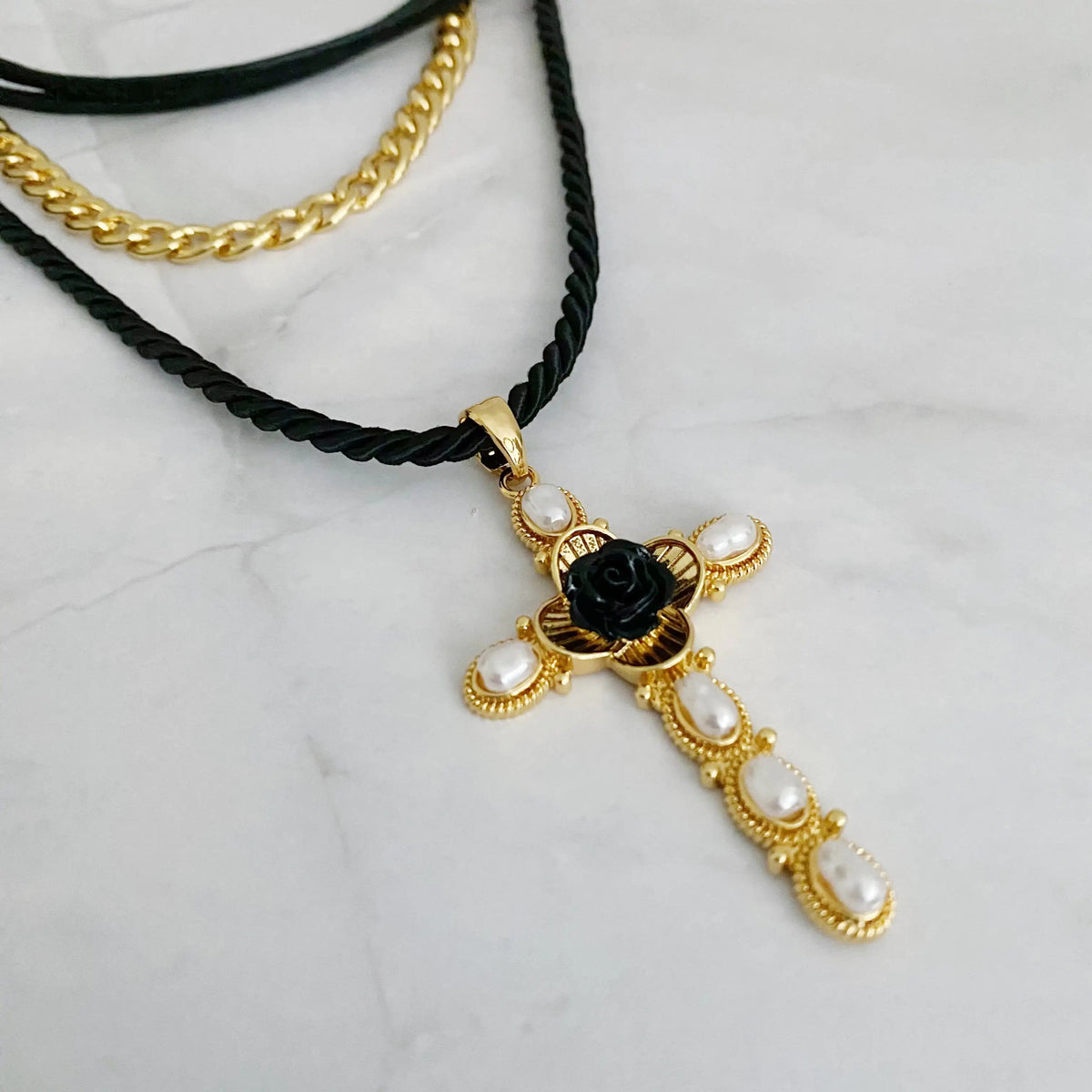 Layered Black Rose Cross Necklace JahSonFire