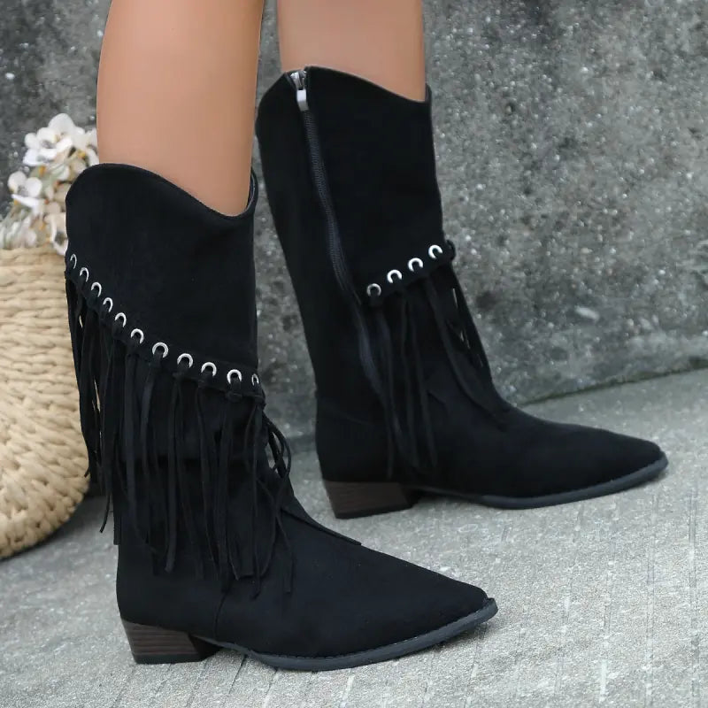 Women's Mid-Calf Retro Cowboy Boots with Tassels JahSonFire