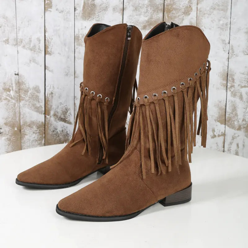 Women's Mid-Calf Retro Cowboy Boots with Tassels JahSonFire