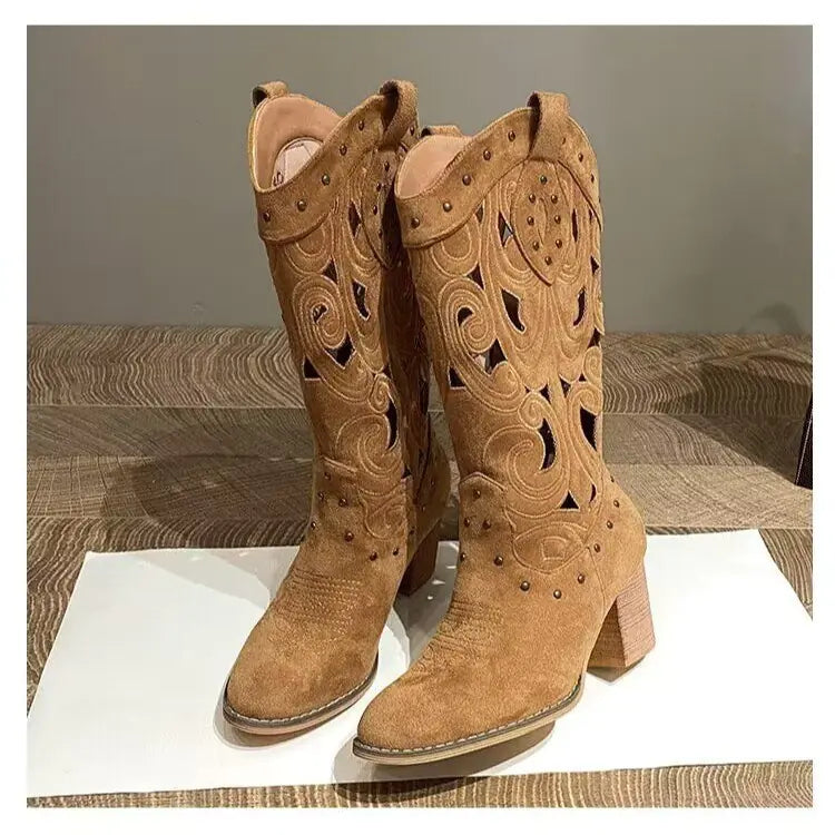 Western Cowboy Boots with Chunky Heel and Embroidery JahSonFire