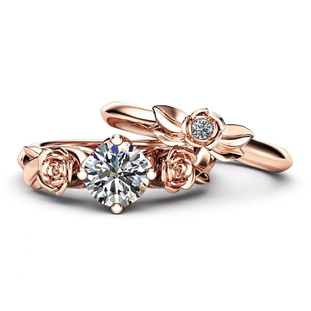 Rose Gold Couples Rings with Floral Diamond Design JahSonFire